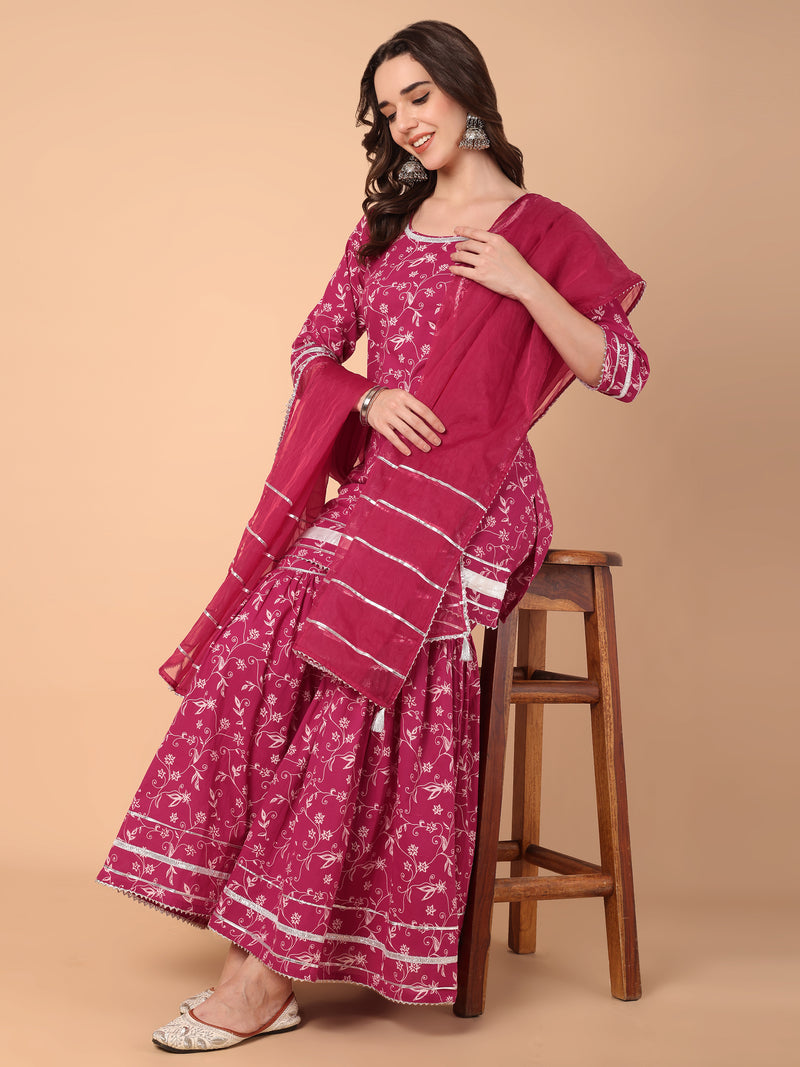 Pink Floral Printed Kurtas With Sahara & Dupatta Set