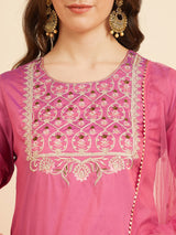 Pink embroidered Calf Length Kurta With Palazzo & Dupatta Set