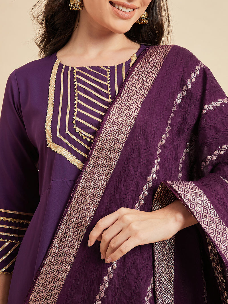 Purple Panelled Kurta With Palazzo And Dupatta Set