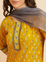 Yellow Cotton Straight Calf Length Kurta With Palazzo & Dupatta Set