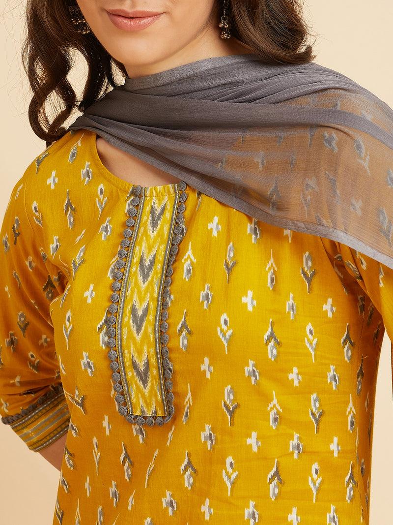 Yellow Cotton Straight Calf Length Kurta With Palazzo & Dupatta Set