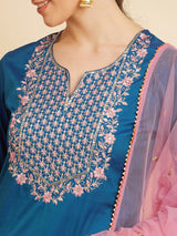 Blue embroidered Straight Calf Length Kurta With Palazzo & Dupatta Set