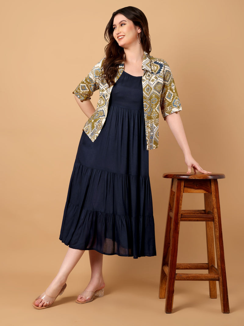 Gathered Dress with Printed jacket