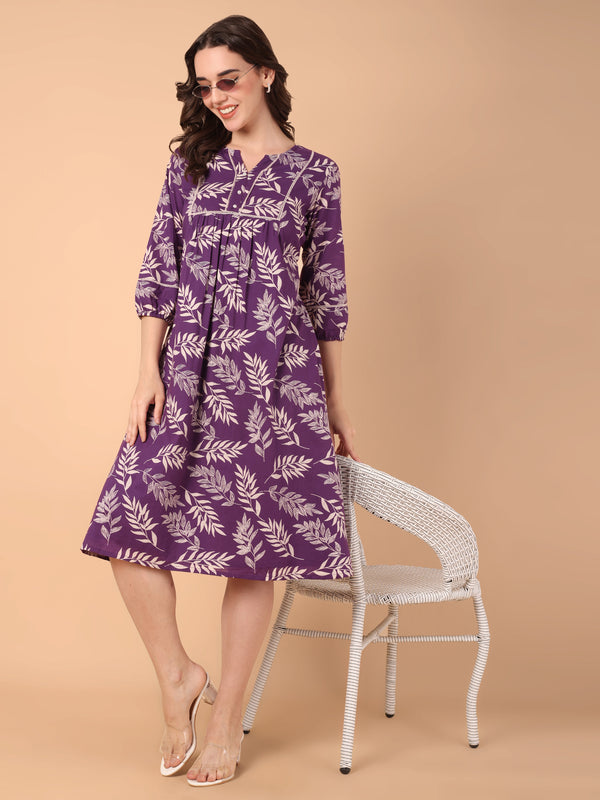 Leaf Print A-Line Dress