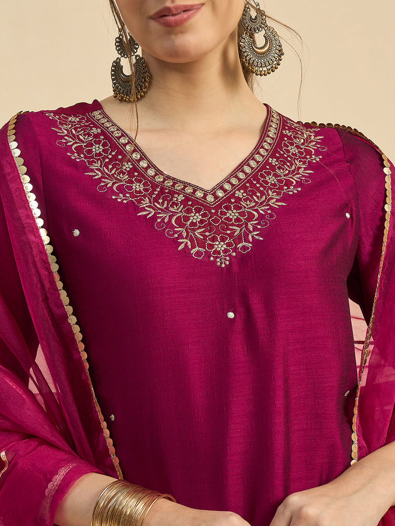 Solid Embroidered Straight Kurta With Palazzo & Dupatta Set