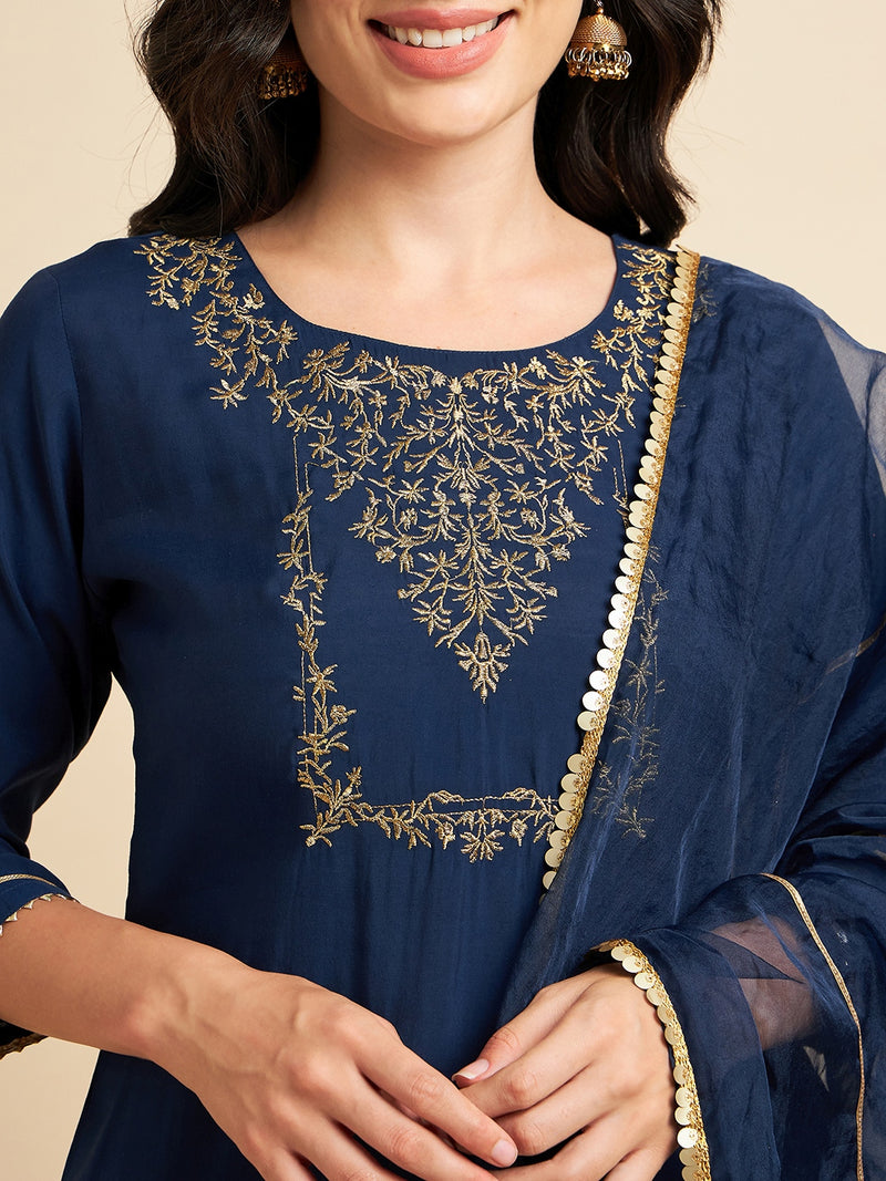 Blue Rayon Silk Straight Calf Length Kurta With Palazzo Dupatta Set