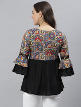 Black and Beige Abstract Printed Gathered Top