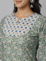 Green Printed Cotton Kurta With Dupatta & Palazzo