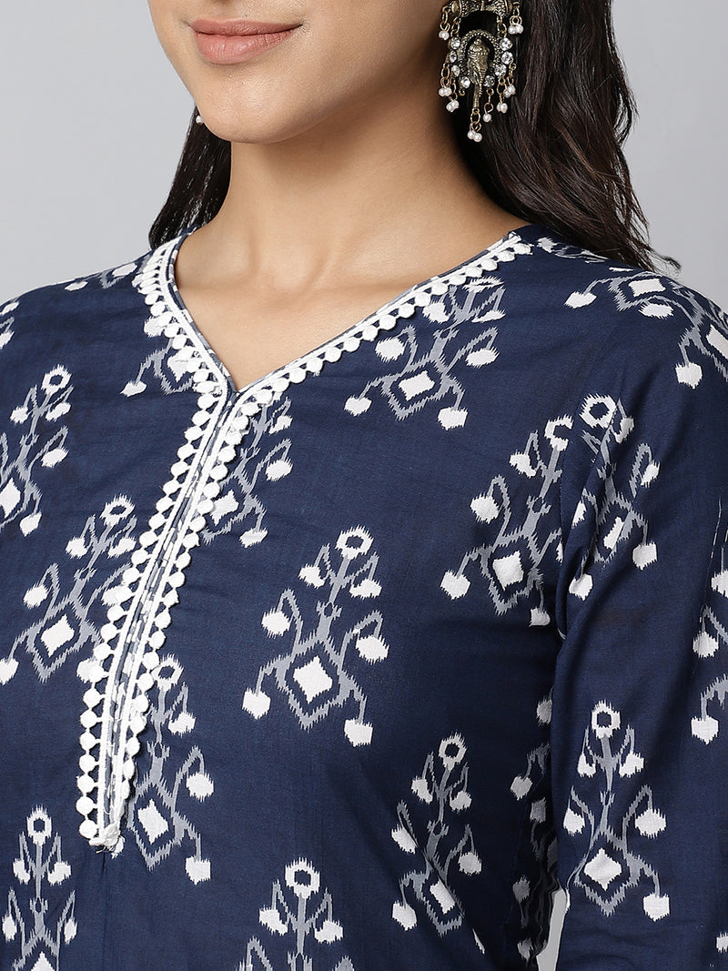 Blue Cotton Printed Kurta