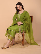 Embroidered Kurta With Palazzo & Dupatta Set