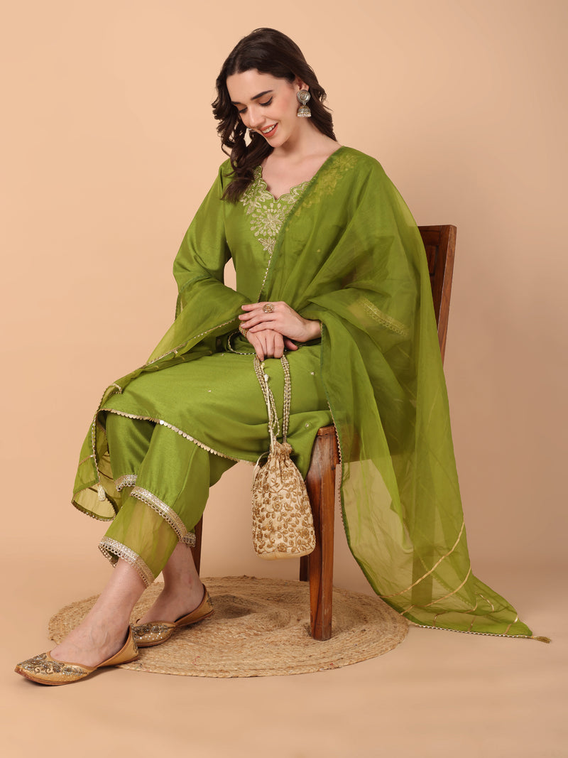 Embroidered Kurta With Palazzo & Dupatta Set