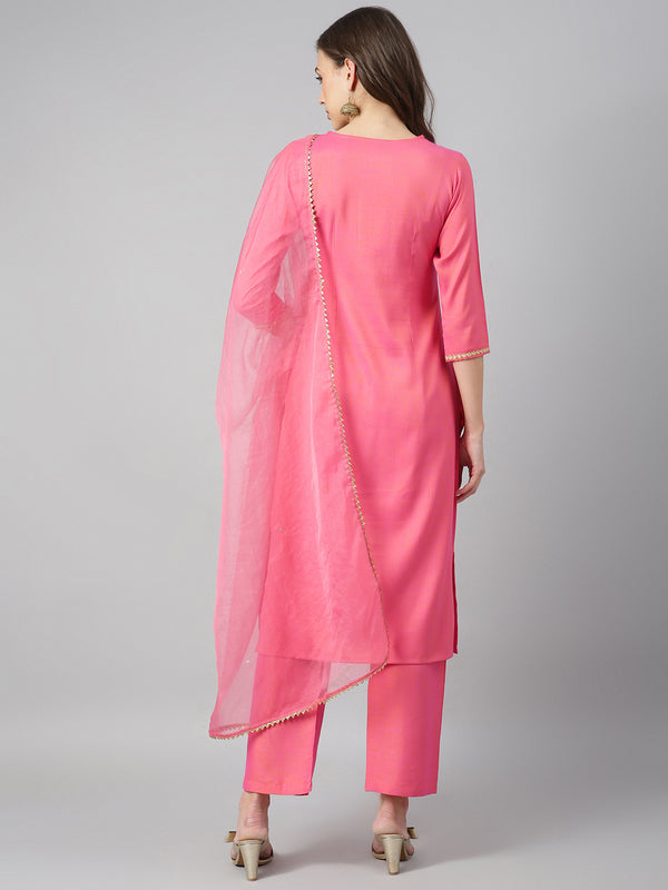 Solid Pink Embroidered Side Slit Straight Kurta