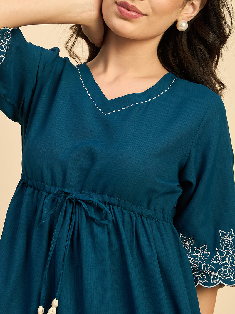 Blue Solid Embroidered Flared Dress