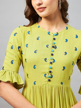 A-Line Lime Green Paisely Embroidered Rayon Kurta