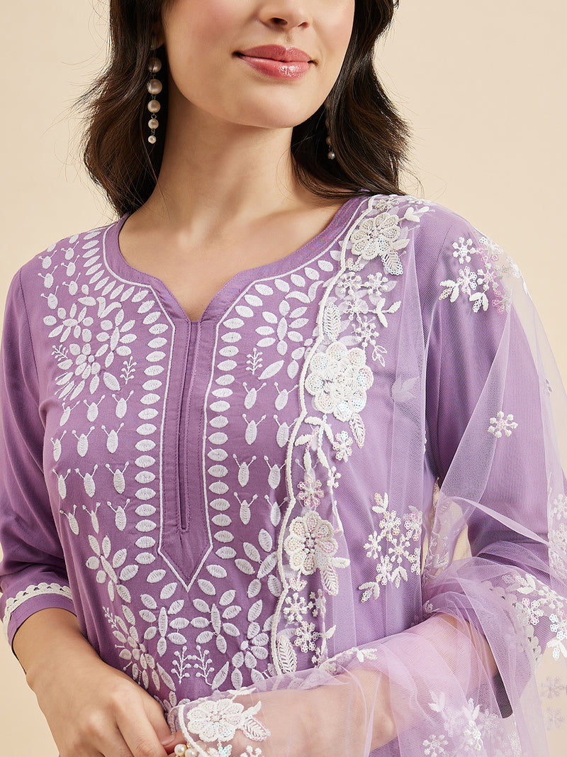 Embroidered Kurta With Palazzo & Dupatta