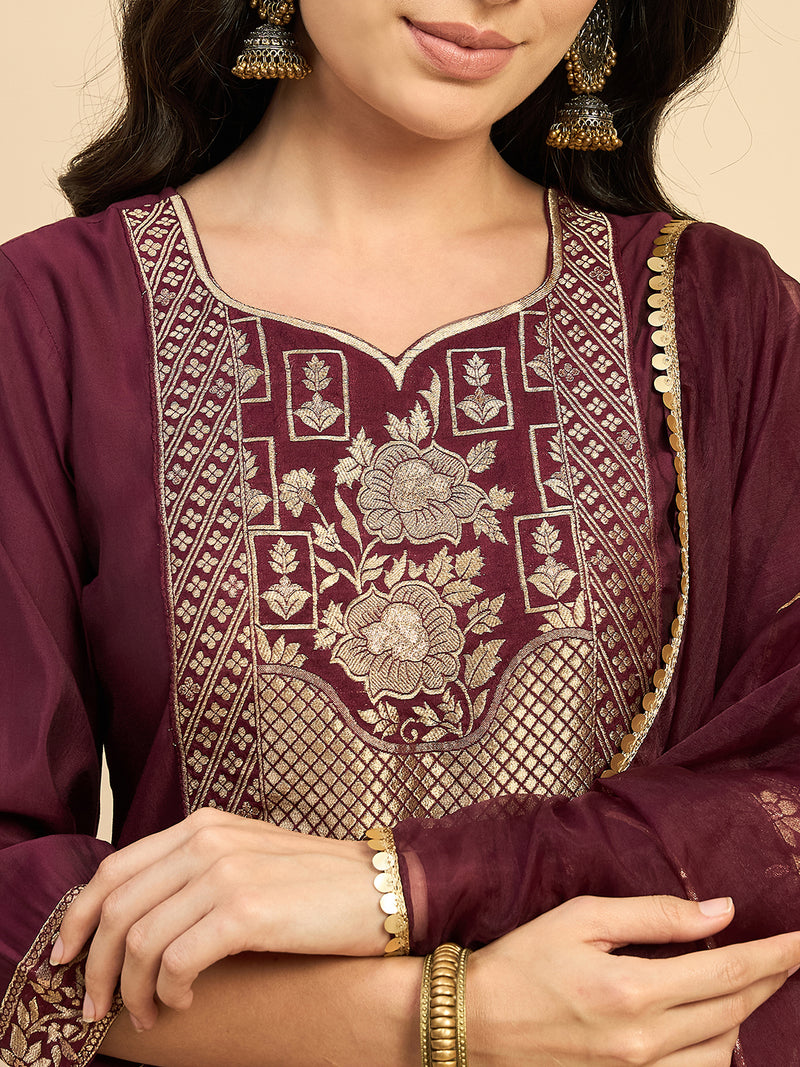 Embroidered Solid Kurta With Duaptta & Palazzo Set