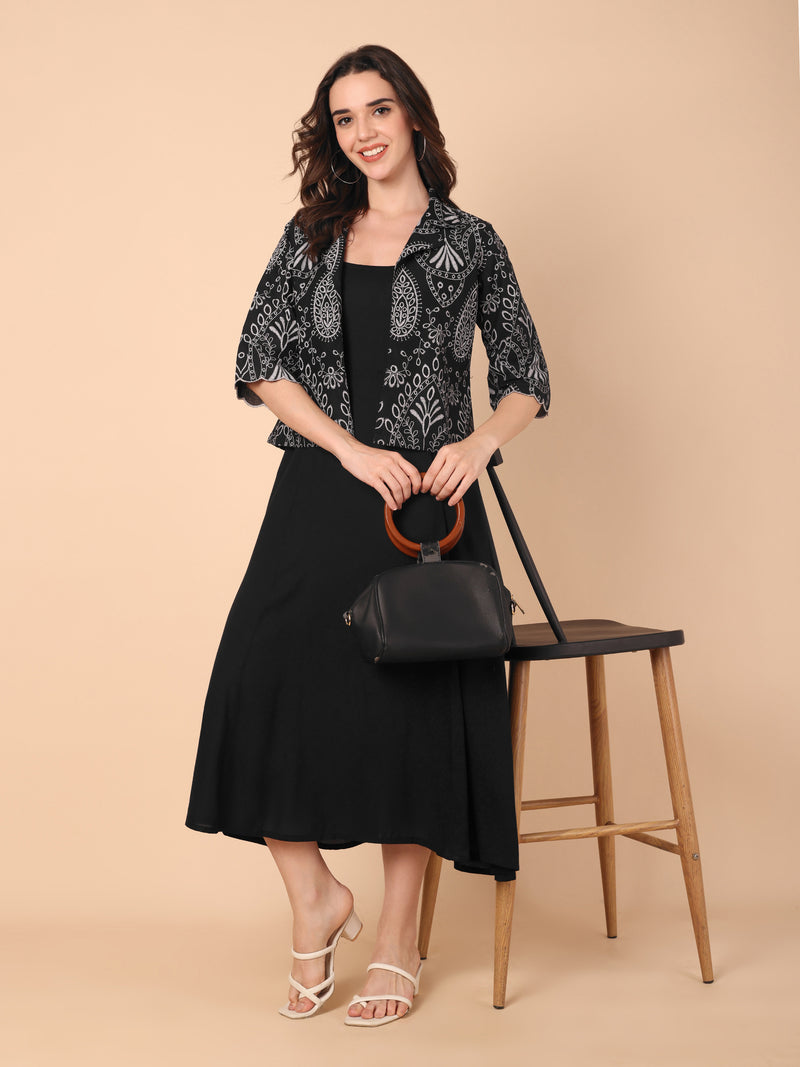 Gathered Dress With Printed Jacket