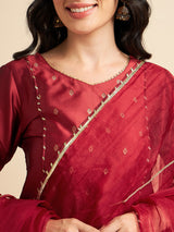 Maroon Raw Silk Straight Calf Length Kurta With Palazzo Dupatta Set