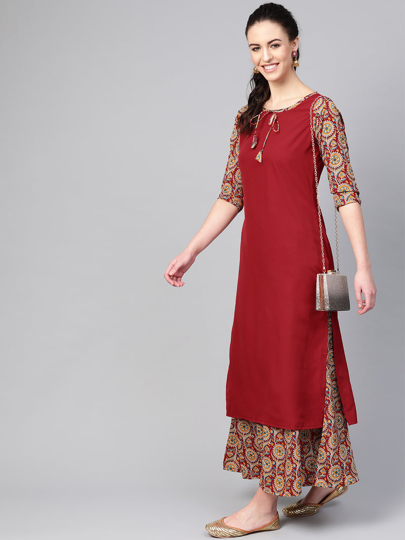 Red Straight Kurta With Palazzo Set