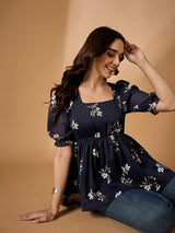 Blue Floral Printed Empire Top