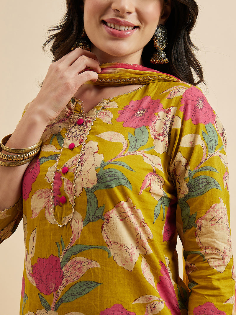 Floral Printed Kurta With Palazzo & Dupatta Set