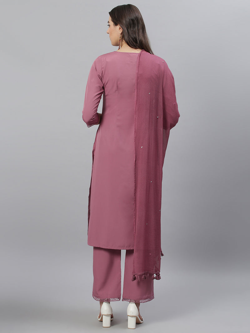 Mauve Solid Side Slit Straight Kurta Palazzo and Duapatta Set