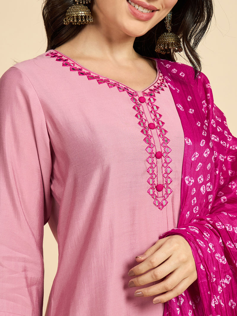 Embroidered Kurta With Palazzo & Dupatta Set