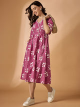 Pink V neck Fit & Flared Dress