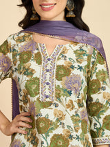 Floral Printed Kurta With Palazzo & Dupatta Set