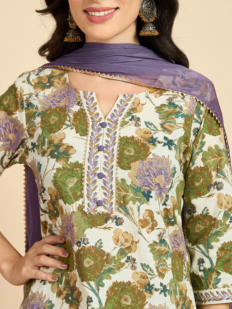 Floral Printed Kurta With Palazzo & Dupatta Set