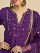 Embroidered Flared Kurta With Palazzo & Dupatta Set