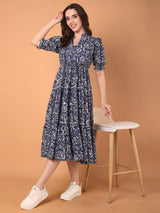 Printed Mandarin Collared Midi Dress