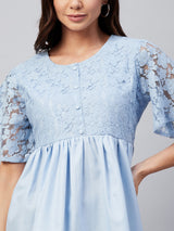 Solid Blue and Flower Lace Gathered A-Line Top