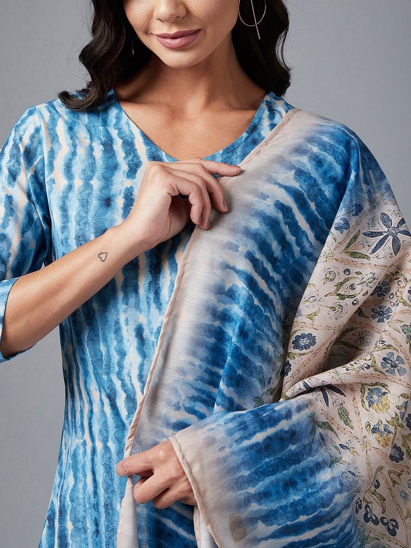 Tie & Dye Blue Kurta With Palazzo & Dupatta Set