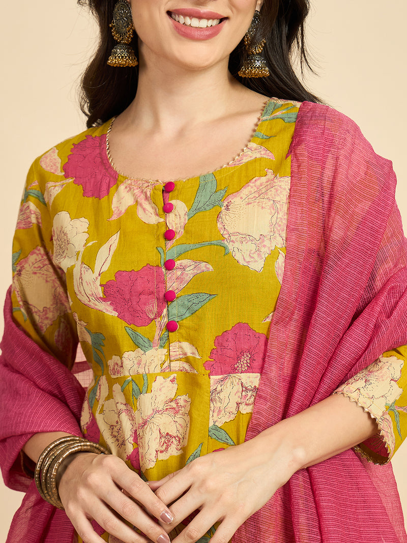 Floral Printed Kurta With Palazzo & Dupatta Set