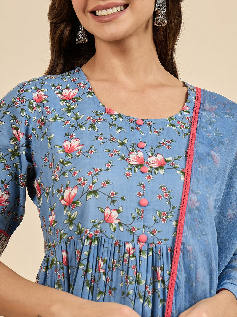 Floral Printed Kurta With Palazzo & Dupatta Set