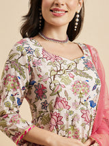 Floral Printed Anarkali Kurta With Palazzo & Dupatta Set