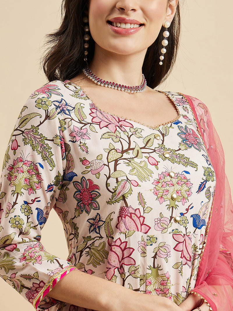 Floral Printed Anarkali Kurta With Palazzo & Dupatta Set