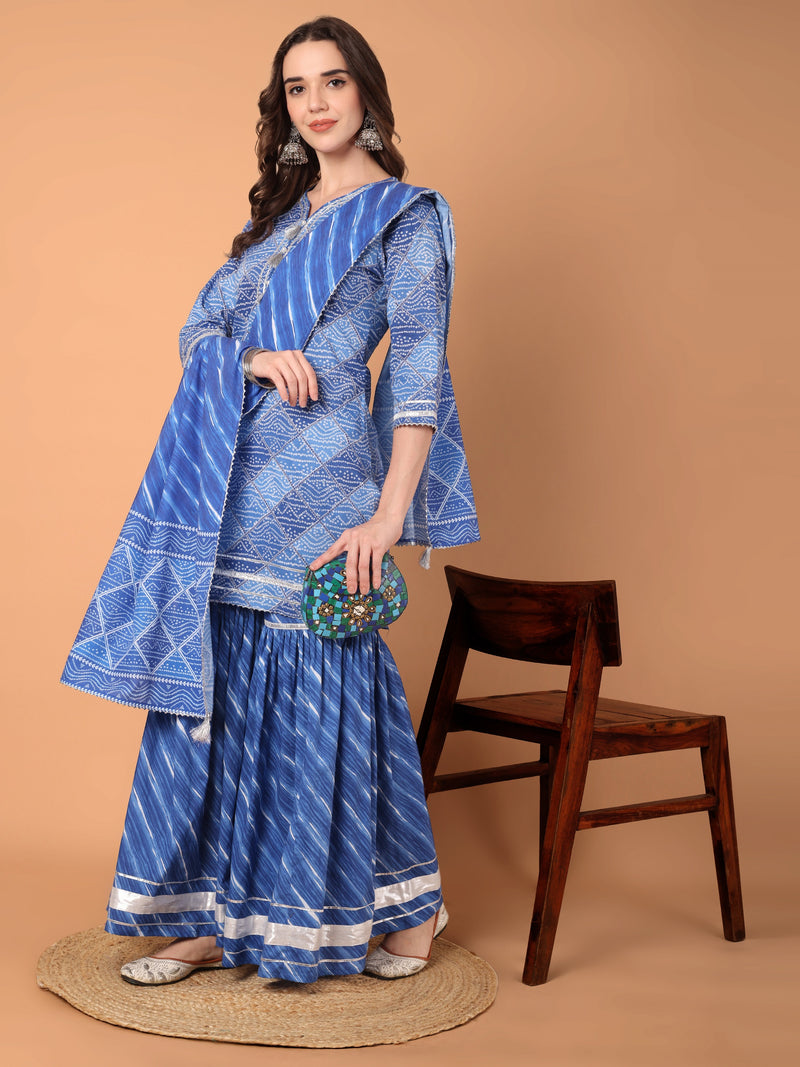 Bandhani Printed Kurta Set With Sharara & Dupatta Set