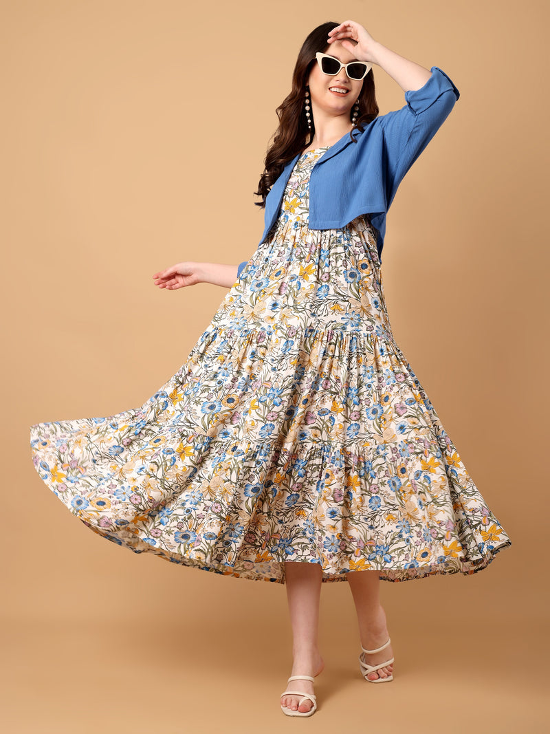 Floral Printed Gathered Dress with jacket