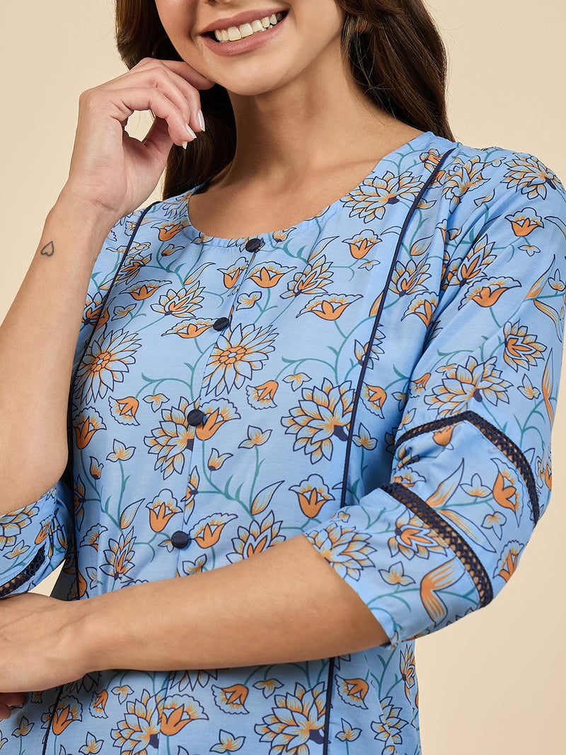 Floral Blue Printed Kurta