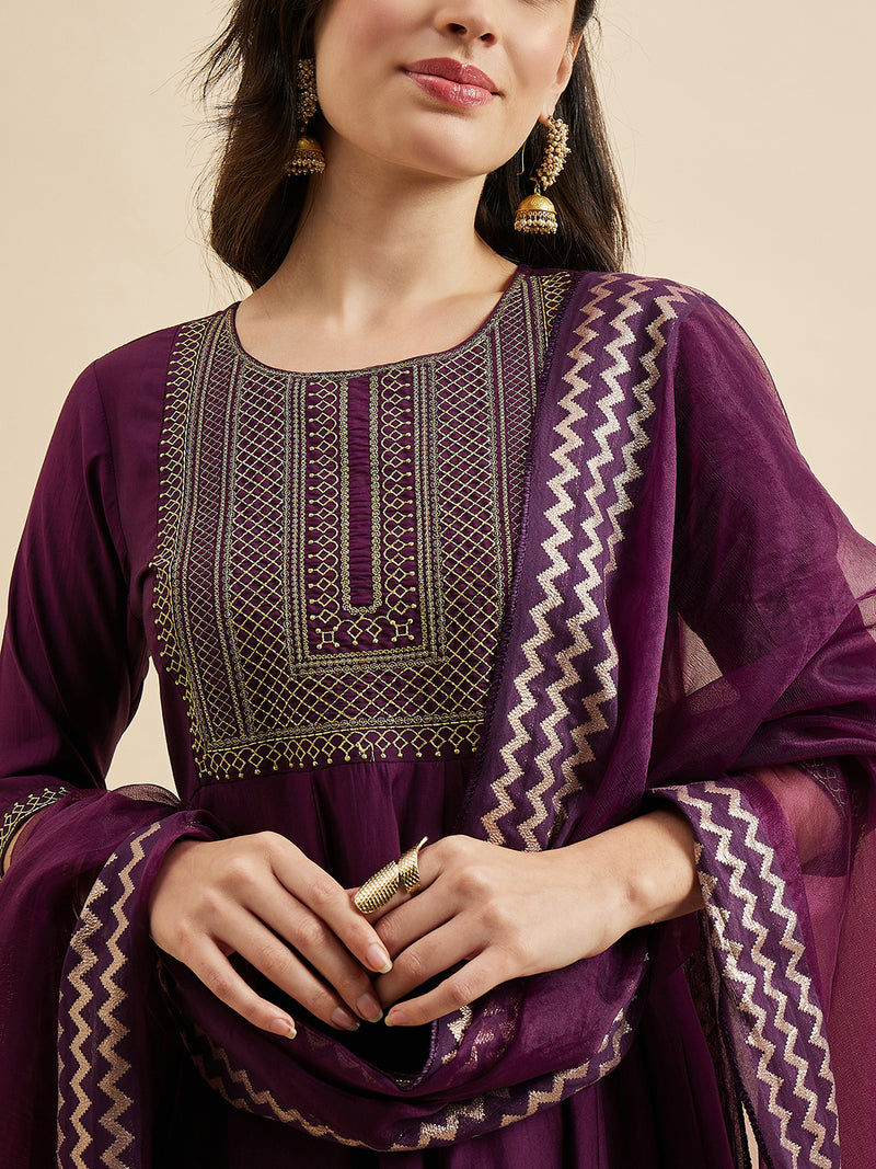 Embroidered Kurta With Palazzo & Dupatta