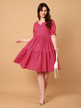 Plain V Neck Gathered Dress