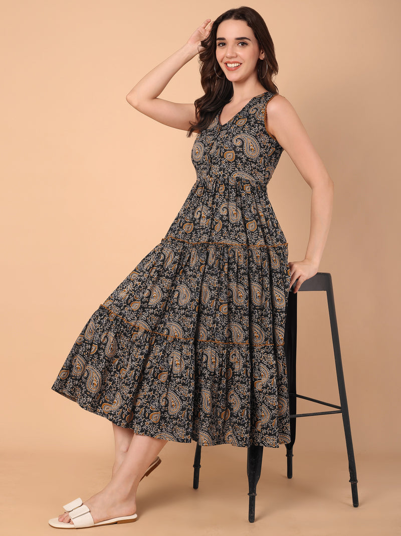 Paisley Print V-Neck Flared Dress