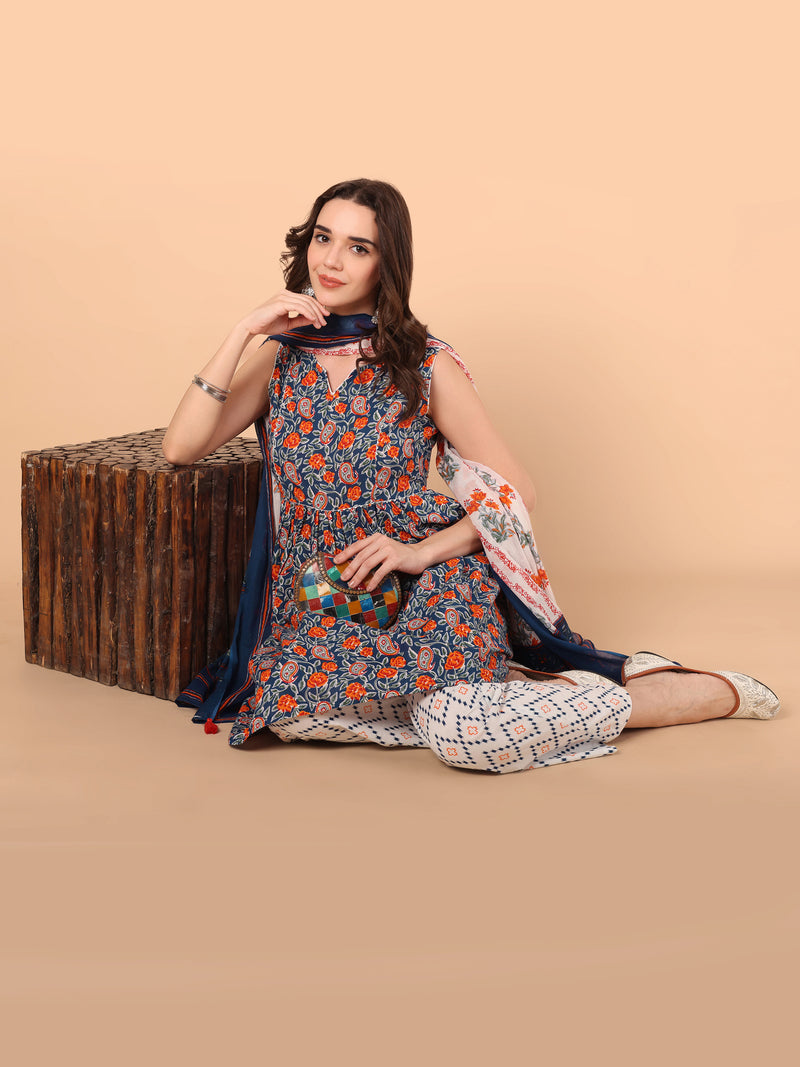 Floral Printed  Gathered Keyhole Neck  Kurta with palazzo & dupatta set