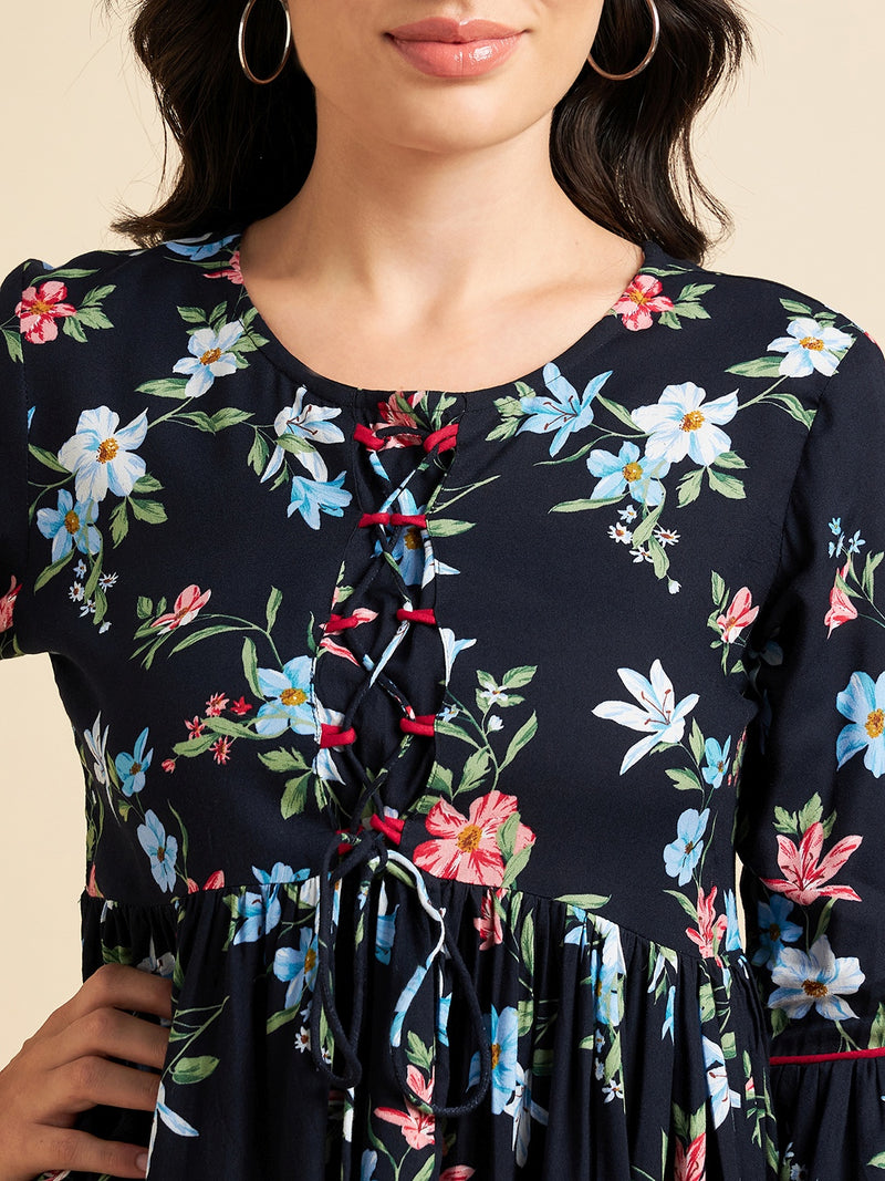 Floral Printed Navy Blue Rayon Top