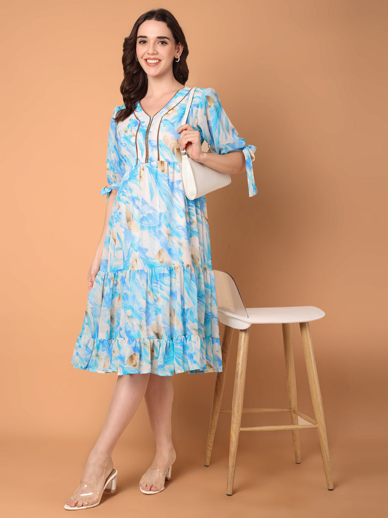 Tiered Midi Dress with Tropical Print