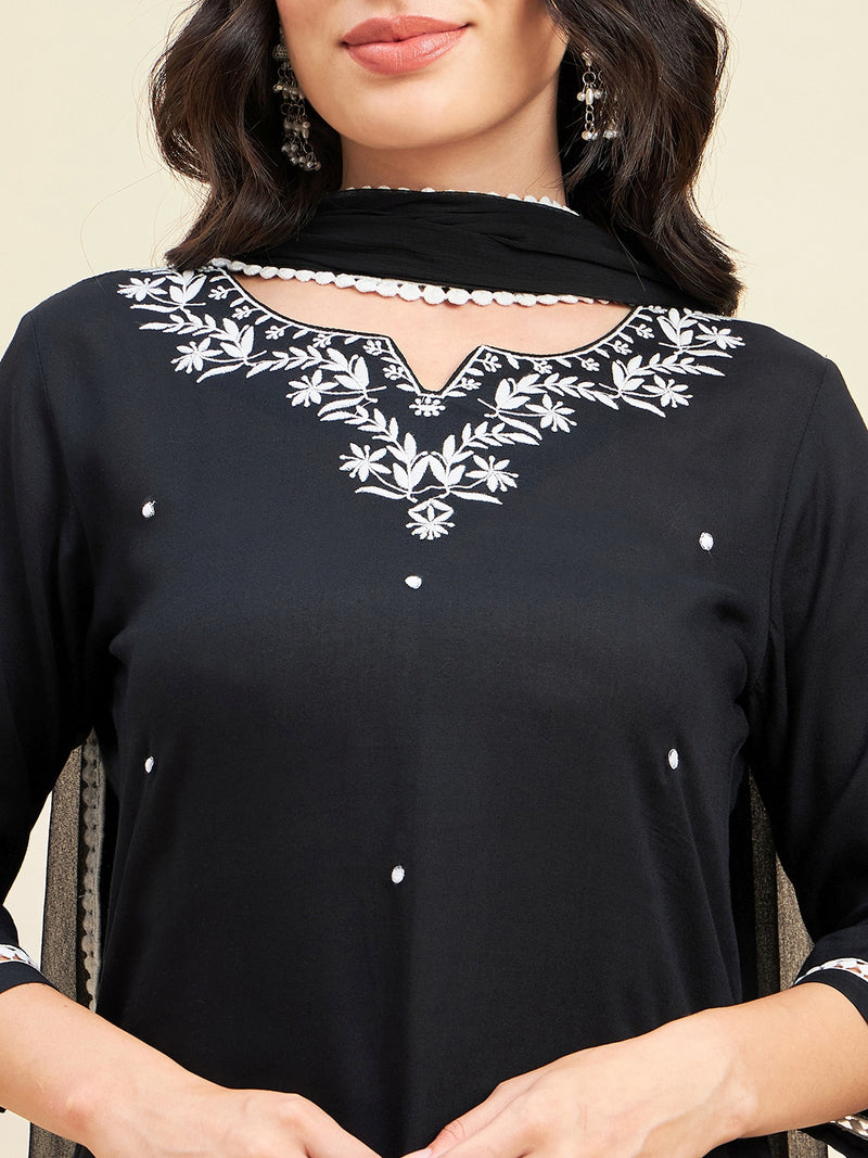 Black Rayon Straight Calf Length Kurta With Palazzo Dupatta Set