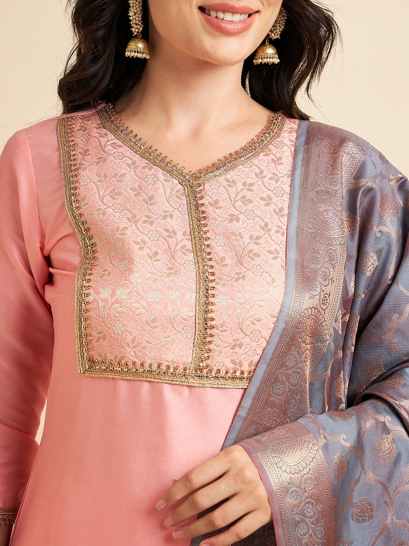 Peach Raw Silk Straight Calf Length Kurta With Palazzo Dupatta Set