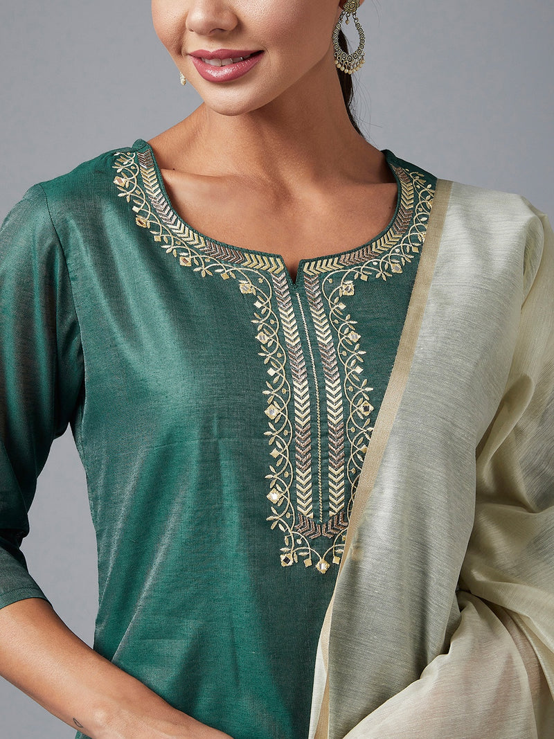 Green Embroidered Kurta With Dupatta & Palazzo